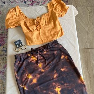 Brand New! Never Worn! Peasant blouse (S) with matching skirt (M) and earrings!